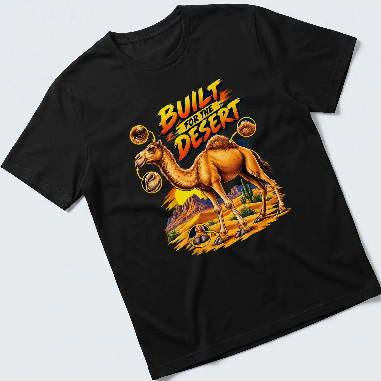 Vibrant cartoon of a camel with bold text 'BUILT FOR THE DESERT' in colorful desert scenery. — printed on a unisex t-shirt