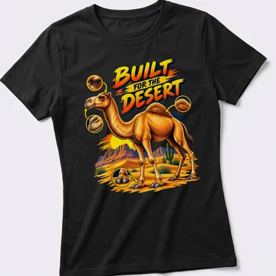 Vibrant cartoon of a camel with bold text 'BUILT FOR THE DESERT' in colorful desert scenery. — printed on a women's shirt