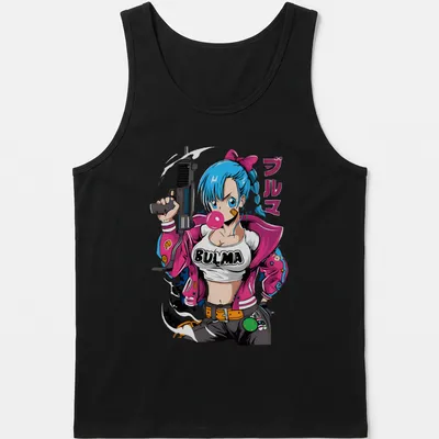 Anime-style Bulma character with gun and pink jacket graphic — printed on a tank top