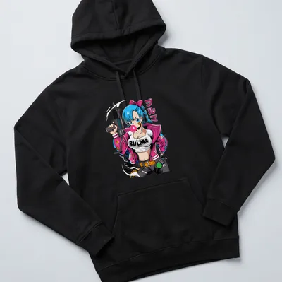 Anime-style Bulma character with gun and pink jacket graphic — printed on a unisex hoodie
