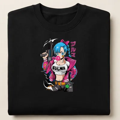 Anime-style Bulma character with gun and pink jacket graphic — printed on a unisex sweatshirt