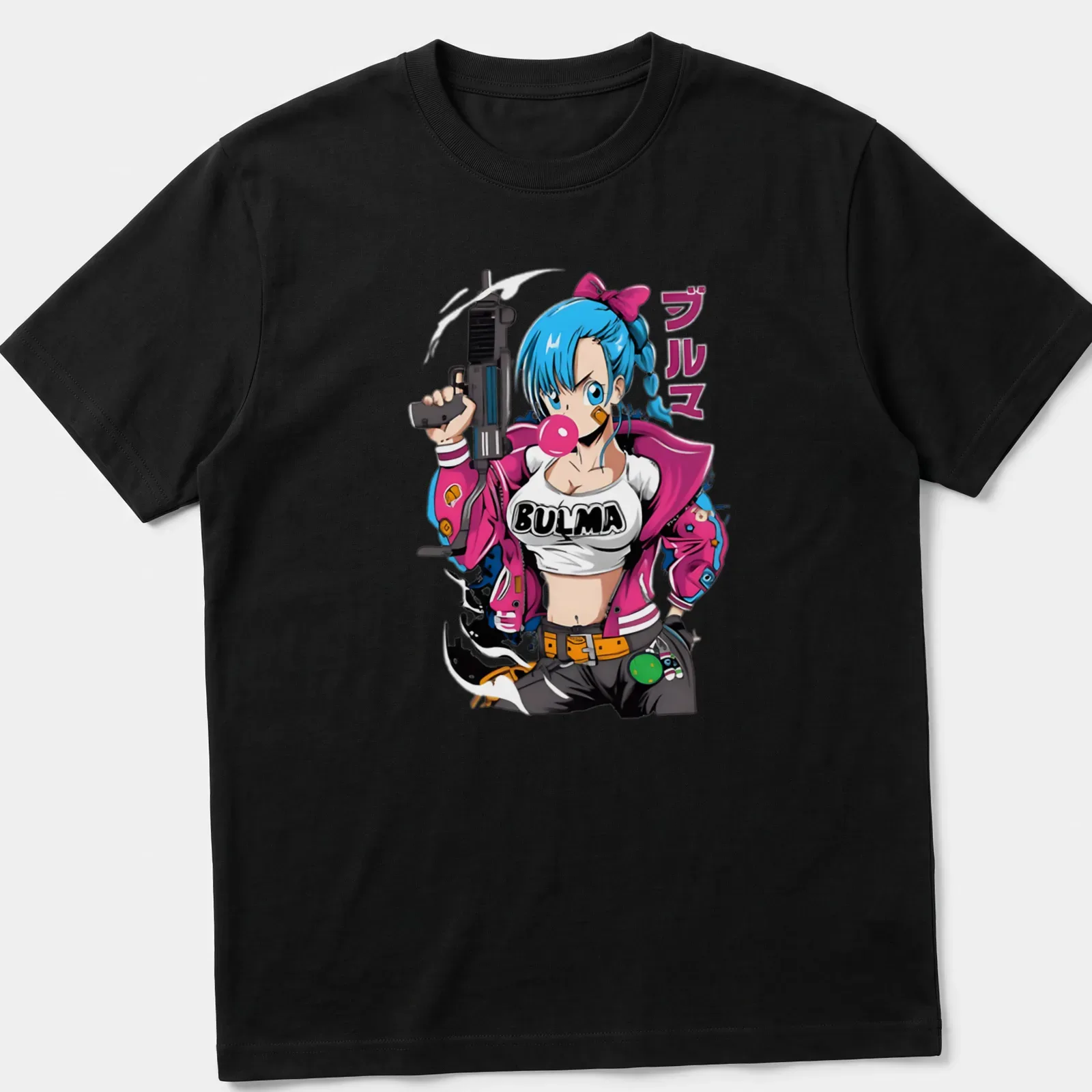 Anime-style Bulma character with gun and pink jacket graphic — printed on a unisex t-shirt