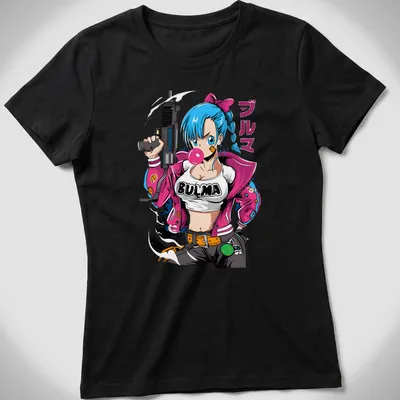 Anime-style Bulma character with gun and pink jacket graphic — printed on a women's shirt
