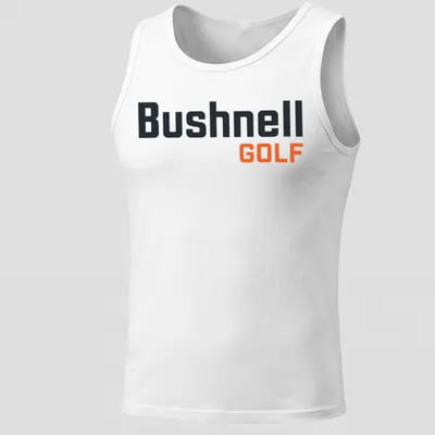 Modern Bushnell Golf logo T-shirt in black, orange, and white — printed on a tank top