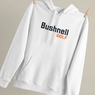 Modern Bushnell Golf logo T-shirt in black, orange, and white — printed on a unisex hoodie