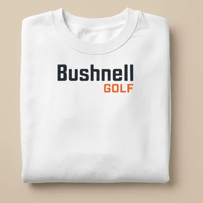 Modern Bushnell Golf logo T-shirt in black, orange, and white — printed on a unisex sweatshirt