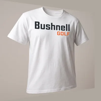 Modern Bushnell Golf logo T-shirt in black, orange, and white — printed on a unisex t-shirt (angled view)