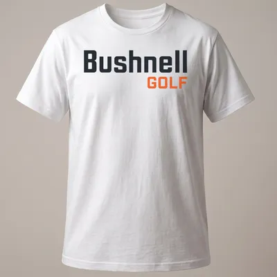 Modern Bushnell Golf logo T-shirt in black, orange, and white