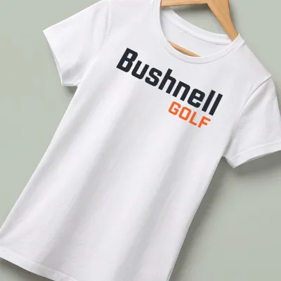 Modern Bushnell Golf logo T-shirt in black, orange, and white — printed on a women's shirt