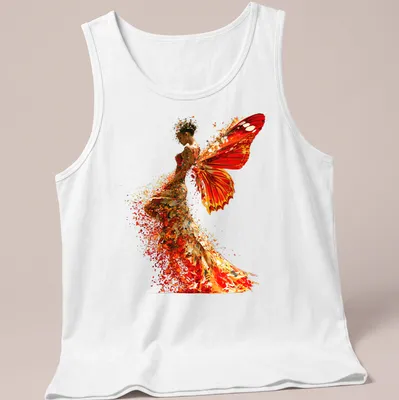 Artistic print of a Butterfly Woman in orange, red, and yellow hues — printed on a tank top