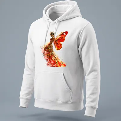 Artistic print of a Butterfly Woman in orange, red, and yellow hues — printed on a unisex hoodie
