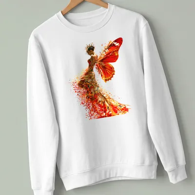Artistic print of a Butterfly Woman in orange, red, and yellow hues — printed on a unisex sweatshirt