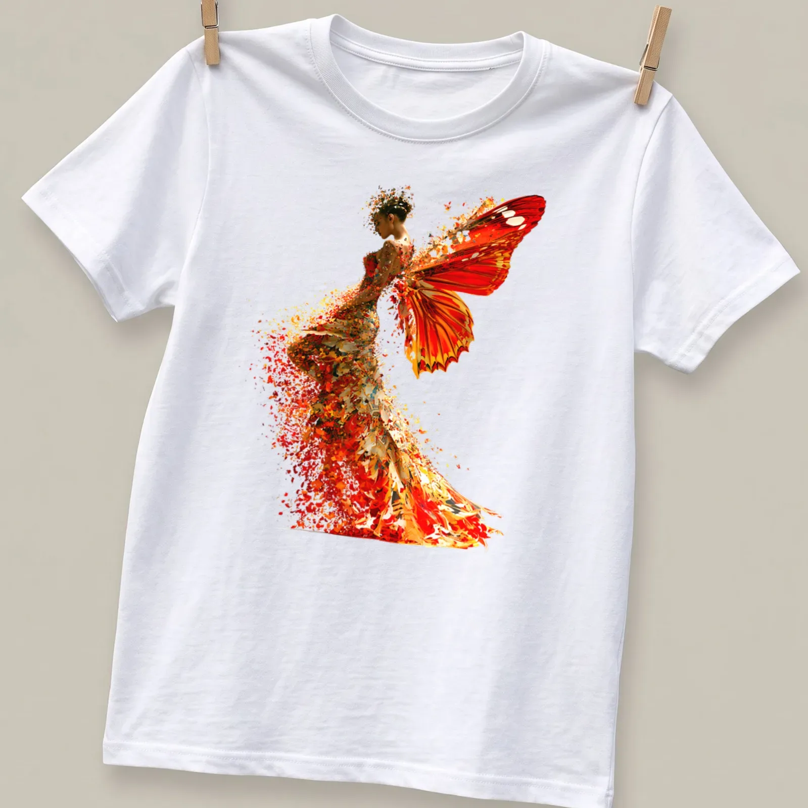 Artistic print of a Butterfly Woman in orange, red, and yellow hues — printed on a unisex t-shirt