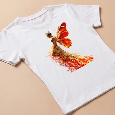 Artistic print of a Butterfly Woman in orange, red, and yellow hues — printed on a women's shirt