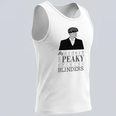 Black and white illustration of Thomas Shelby with Peaky Blinders text — printed on a tank top
