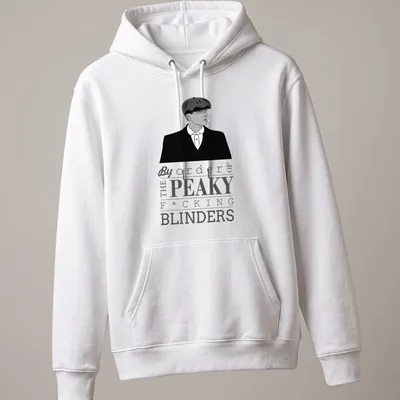 Black and white illustration of Thomas Shelby with Peaky Blinders text — printed on a unisex hoodie
