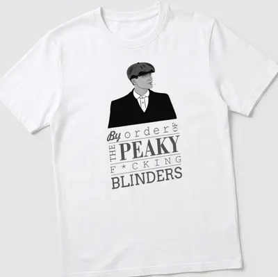 Black and white illustration of Thomas Shelby with Peaky Blinders text — printed on a unisex t-shirt