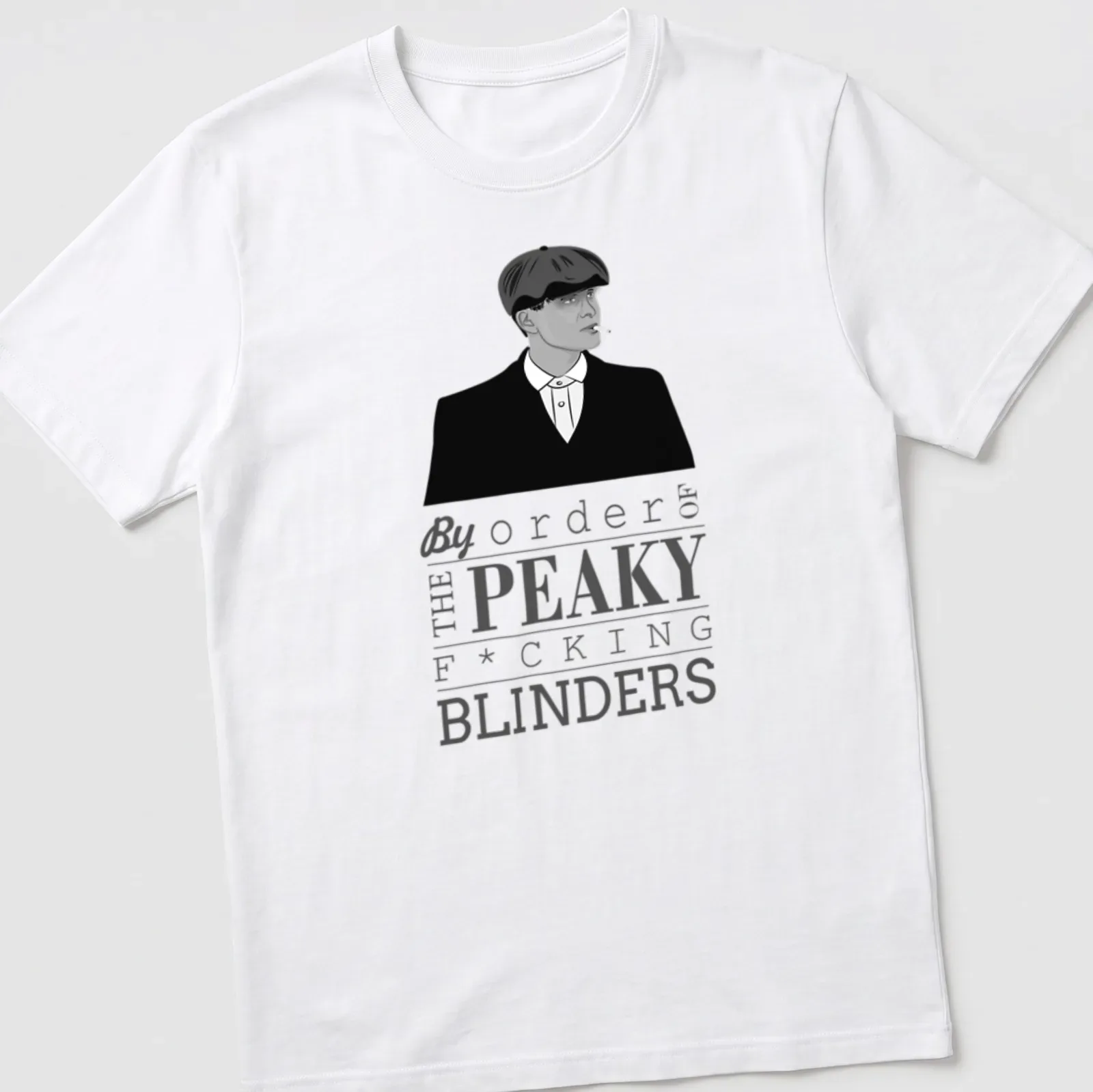 Black and white illustration of Thomas Shelby with Peaky Blinders text — printed on a unisex t-shirt