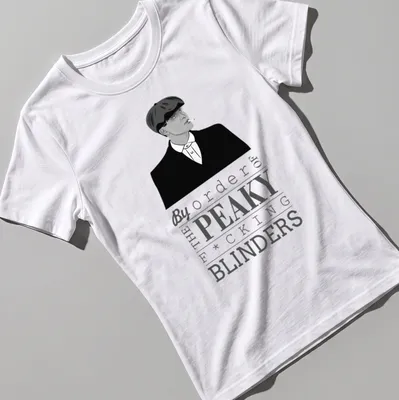 Black and white illustration of Thomas Shelby with Peaky Blinders text — printed on a women's shirt