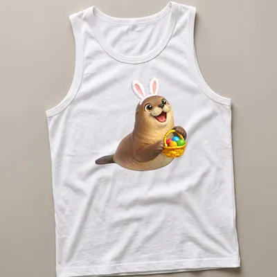 Cartoon California sea lion in bunny ears holding colorful Easter eggs — printed on a tank top
