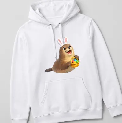 Cartoon California sea lion in bunny ears holding colorful Easter eggs — printed on a unisex hoodie