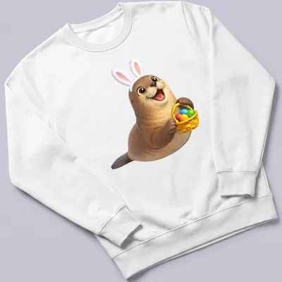 Cartoon California sea lion in bunny ears holding colorful Easter eggs — printed on a unisex sweatshirt