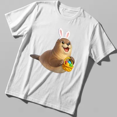 Cartoon California sea lion in bunny ears holding colorful Easter eggs — printed on a unisex t-shirt