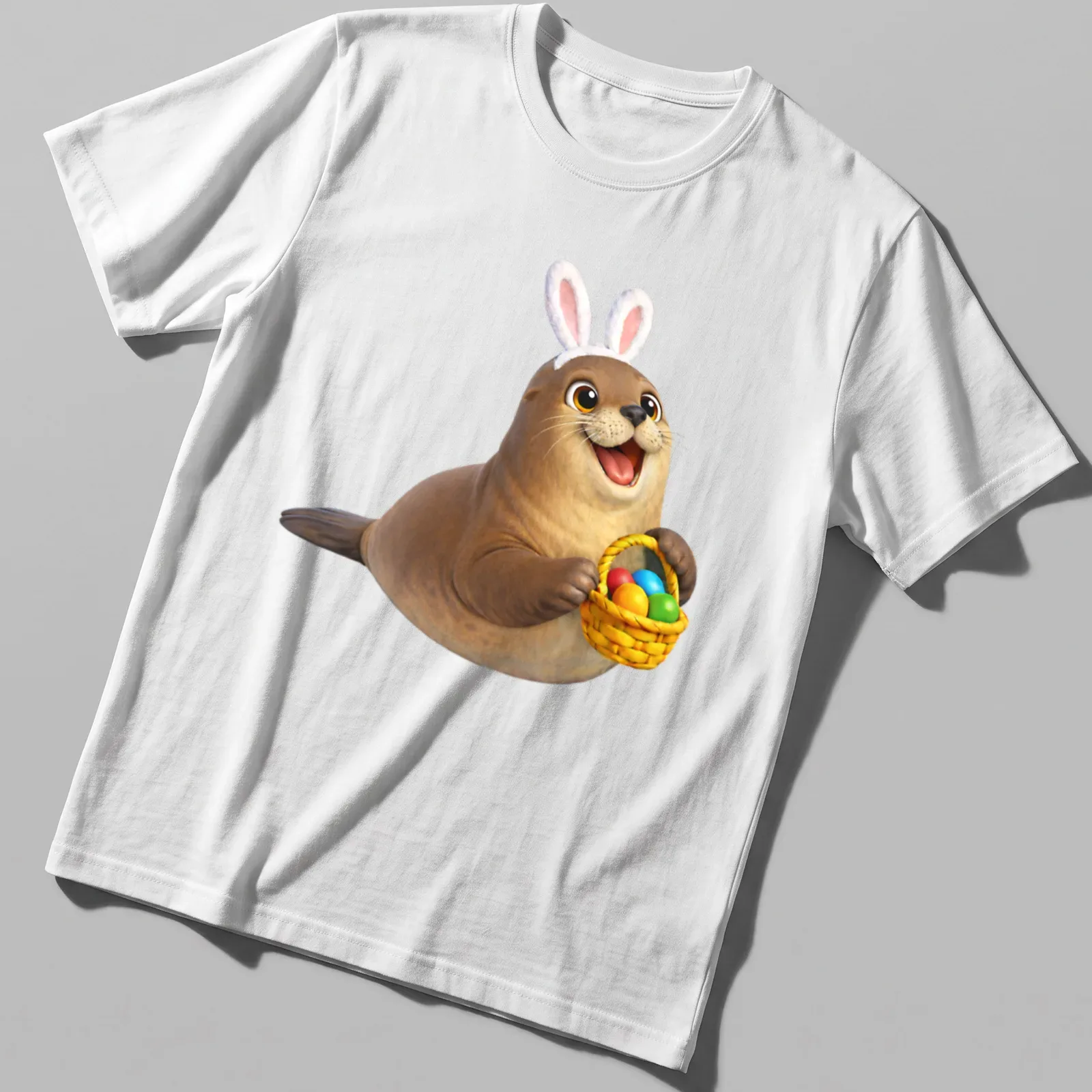 Cartoon California sea lion in bunny ears holding colorful Easter eggs — printed on a unisex t-shirt
