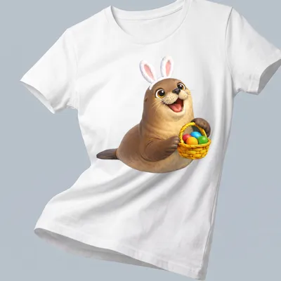 Cartoon California sea lion in bunny ears holding colorful Easter eggs — printed on a women's shirt