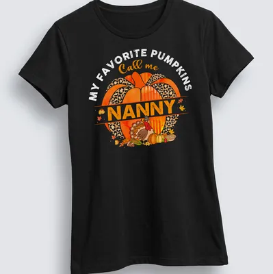 Watercolor design with a pumpkin and turkey above the text 'Call me Nanny' — printed on a women's shirt