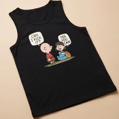 Kawaii Charlie Brown and Lucy football t-shirt with fun text and vibrant colors — printed on a tank top