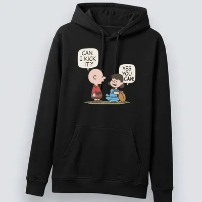Kawaii Charlie Brown and Lucy football t-shirt with fun text and vibrant colors — printed on a unisex hoodie