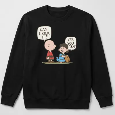 Kawaii Charlie Brown and Lucy football t-shirt with fun text and vibrant colors — printed on a unisex sweatshirt