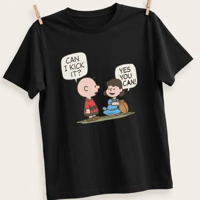 Kawaii Charlie Brown and Lucy football t-shirt with fun text and vibrant colors