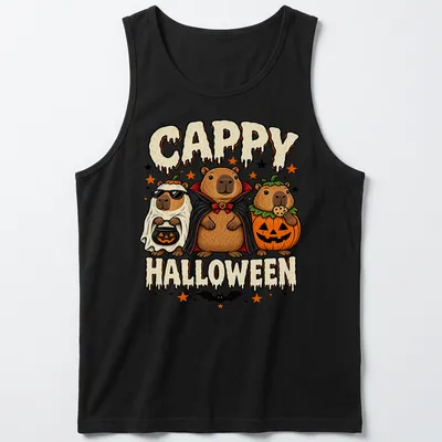 Cartoonish design of three wombats in costumes with text CAPPY HALLOWEEN — printed on a tank top