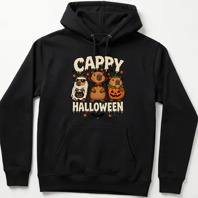 Cartoonish design of three wombats in costumes with text CAPPY HALLOWEEN — printed on a unisex hoodie