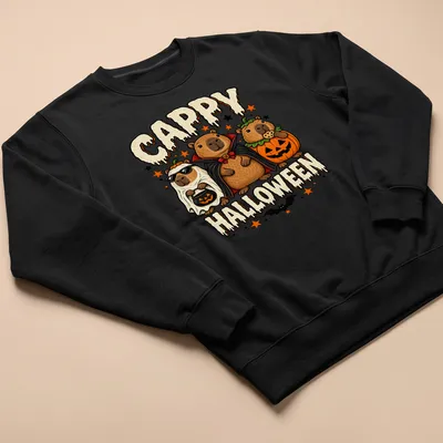 Cartoonish design of three wombats in costumes with text CAPPY HALLOWEEN — printed on a unisex sweatshirt