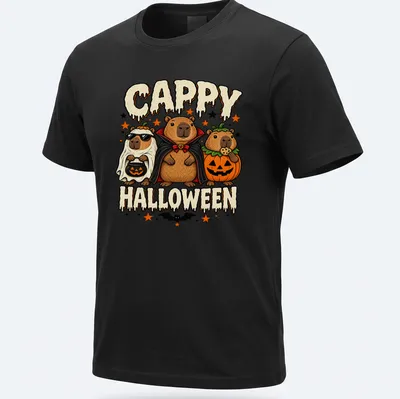 Cartoonish design of three wombats in costumes with text CAPPY HALLOWEEN