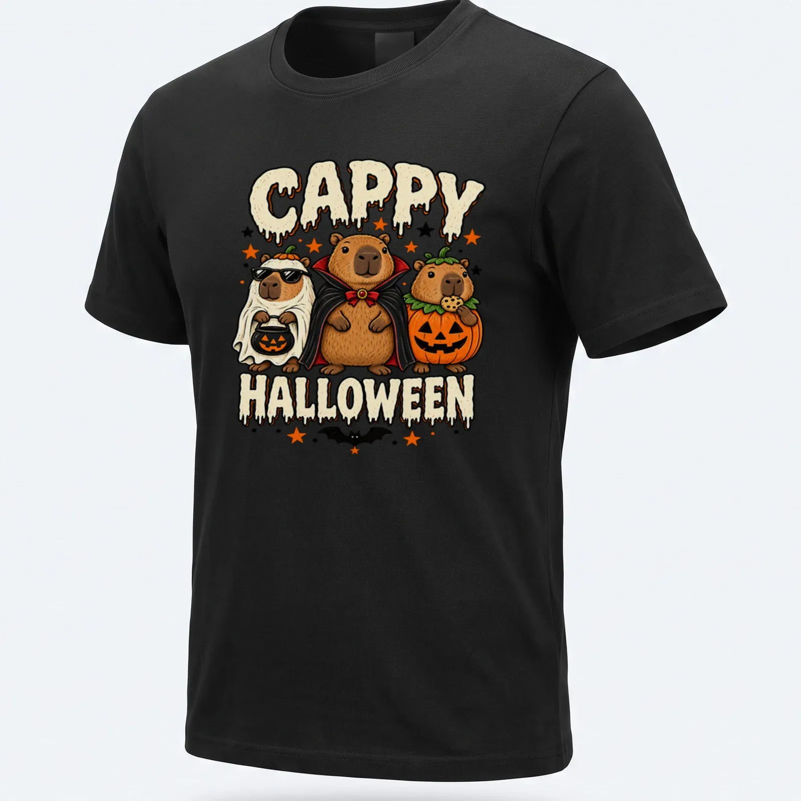Cartoonish design of three wombats in costumes with text CAPPY HALLOWEEN — printed on a unisex t-shirt