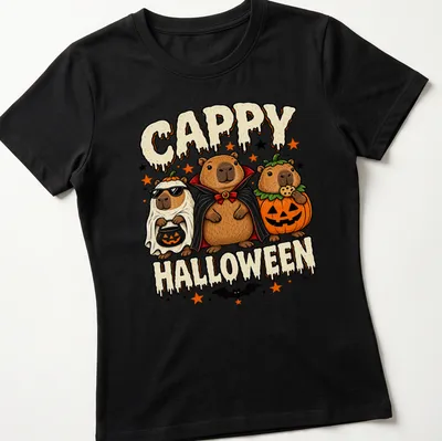 Cartoonish design of three wombats in costumes with text CAPPY HALLOWEEN — printed on a women's shirt