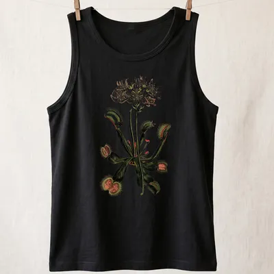 Vintage botanical print featuring a variety of carnivorous plants in green, white, brown, and red — printed on a tank top