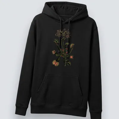 Vintage botanical print featuring a variety of carnivorous plants in green, white, brown, and red — printed on a unisex hoodie