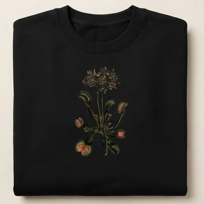 Vintage botanical print featuring a variety of carnivorous plants in green, white, brown, and red — printed on a unisex sweatshirt