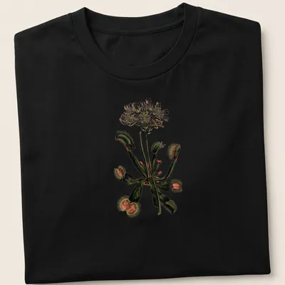 Vintage botanical print featuring a variety of carnivorous plants in green, white, brown, and red — printed on a unisex t-shirt