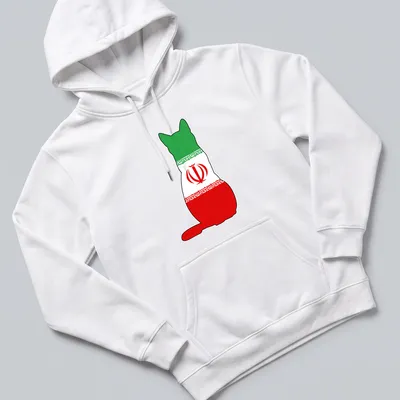 Simple silhouette of a cat in the colors of the Iranian flag: green, white, red. — printed on a unisex hoodie