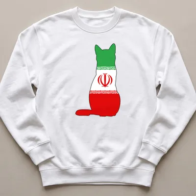 Simple silhouette of a cat in the colors of the Iranian flag: green, white, red. — printed on a unisex sweatshirt