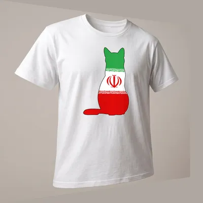 Simple silhouette of a cat in the colors of the Iranian flag: green, white, red. — printed on a unisex t-shirt (angled view)
