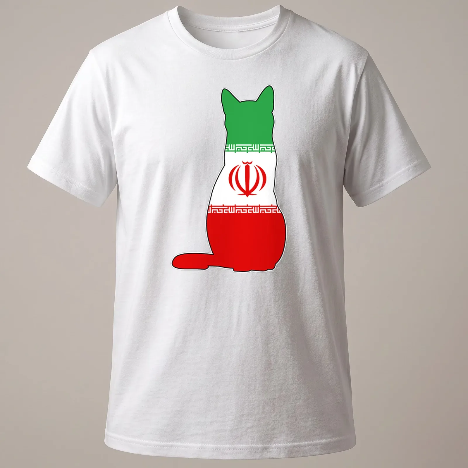 Simple silhouette of a cat in the colors of the Iranian flag: green, white, red. — printed on a unisex t-shirt