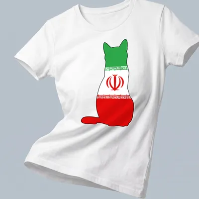 Simple silhouette of a cat in the colors of the Iranian flag: green, white, red. — printed on a women's shirt