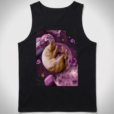 Illustration of a sleeping cat in space with cosmic elements in pink and purple. — printed on a tank top